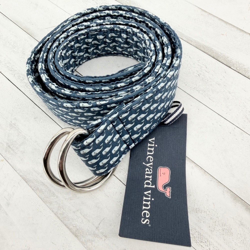 Vineyard Vines Mens Large 36-38" Waist Belt Navy Blue Whale Print Cotton Canvas